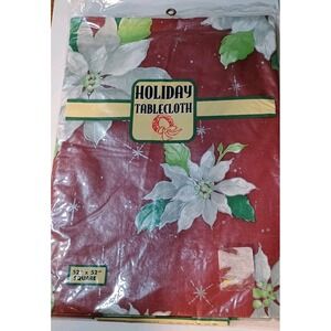 NEW Vintage Poinsettia 52" Square Tablecloth Christmas Holiday Vinyl Flannel Bac